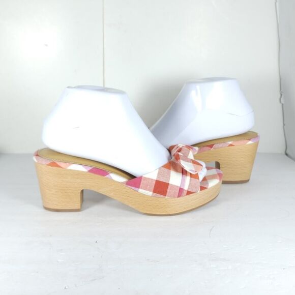 J. Crew Women's US7,5 Multicolor Plaid Printed Bow Wooden Heels Mules Sandals Nw - Picture 9 of 14